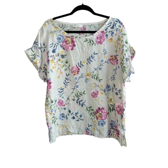 Bellambra Colorful Floral 100% Linen Short Sleeve Tunic Top Size Large - Picture 2 of 8